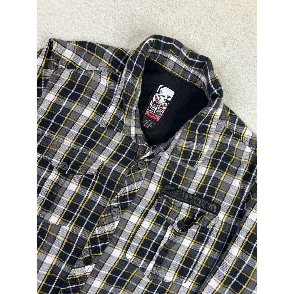 Metal Mulisha Shirt Mens Medium Black Gray Plaid Flannel Button Up Western